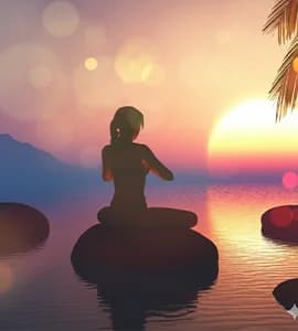 सूर्यास्त के समय शांत जल के किनारे ध्यान करता एक साधक